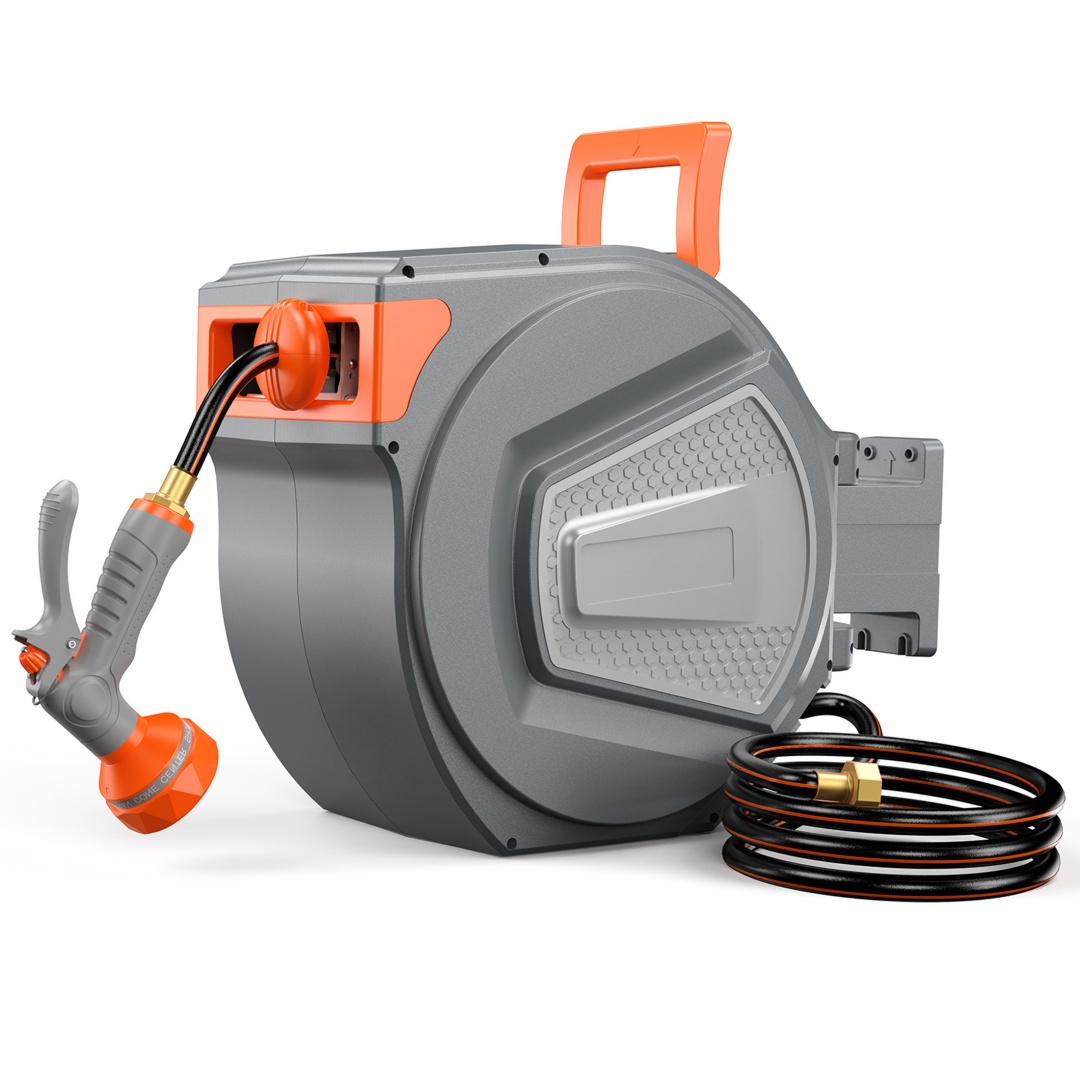 Auto‑Rewind Hose Reel – Wall‑Mounted 180° Swivel, Multi‑Pattern Nozzle, 130 ft, view 2