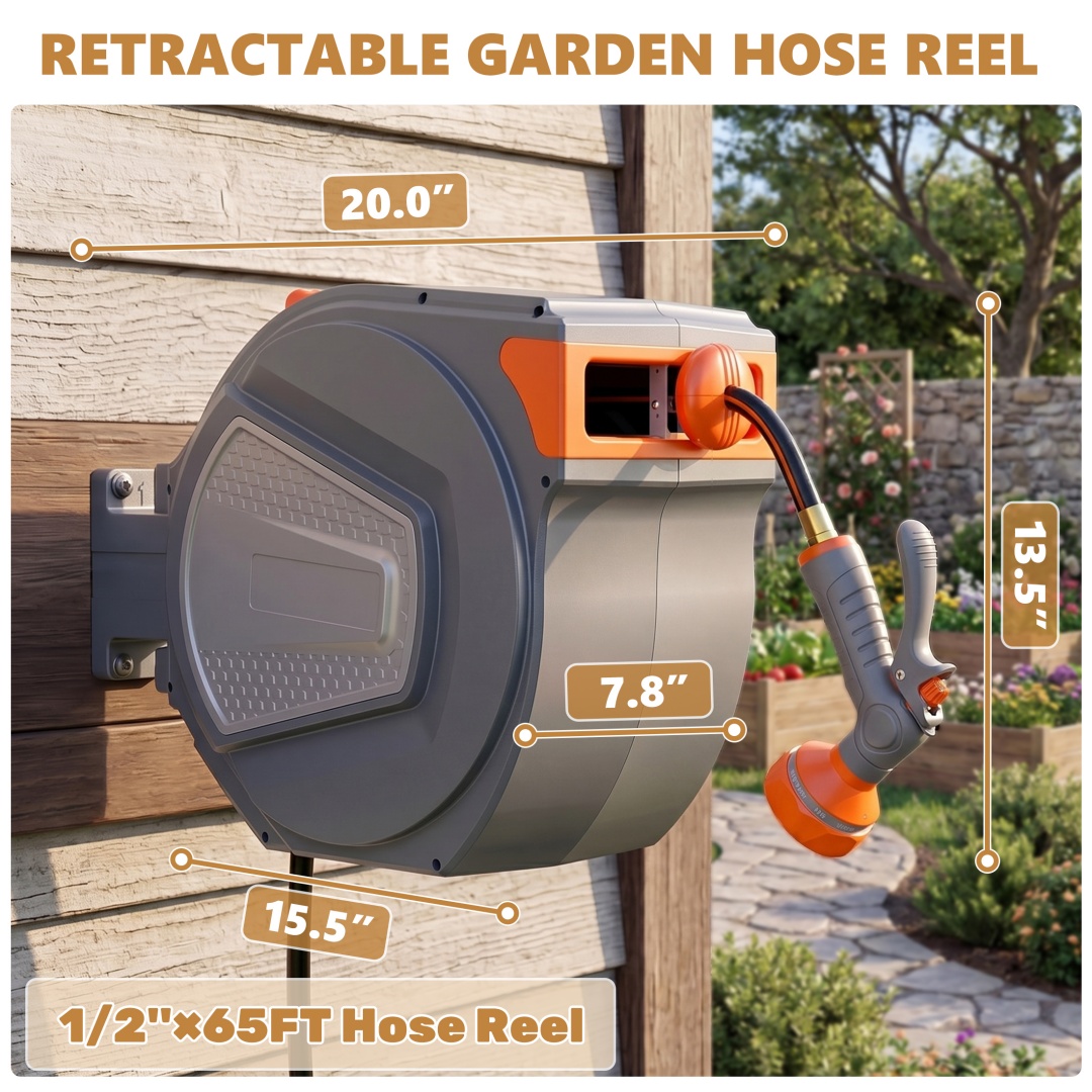 Auto‑Rewind Hose Reel – Wall‑Mounted 180° Swivel, Multi‑Pattern Nozzle, 130 ft