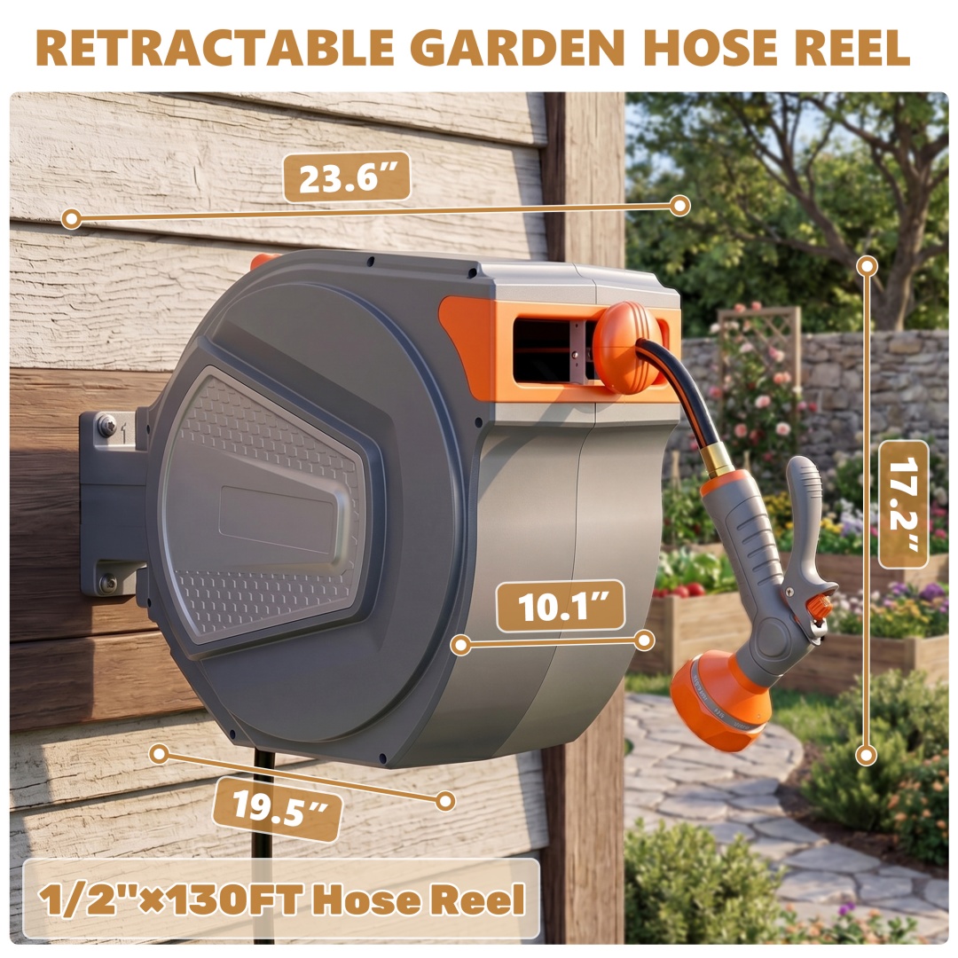 Auto‑Rewind Hose Reel – Wall‑Mounted 180° Swivel, Multi‑Pattern Nozzle, 130 ft, view 6