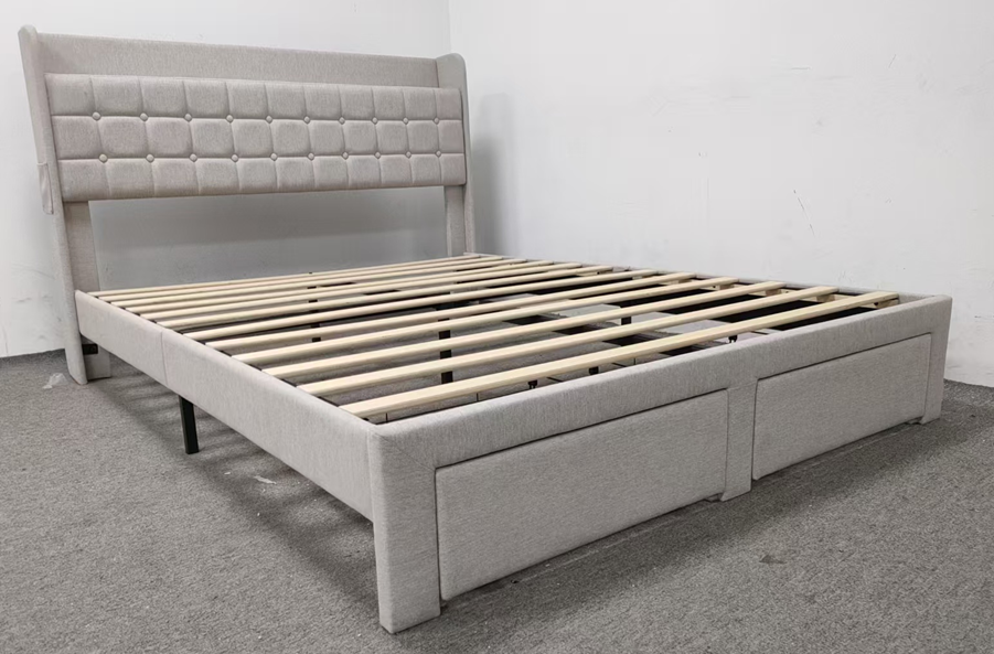 Upholstered Bed Frame With 2 Storage Drawers, Full Size,Platform Bed With Headboard And Sturdy Metal Frame,Beige