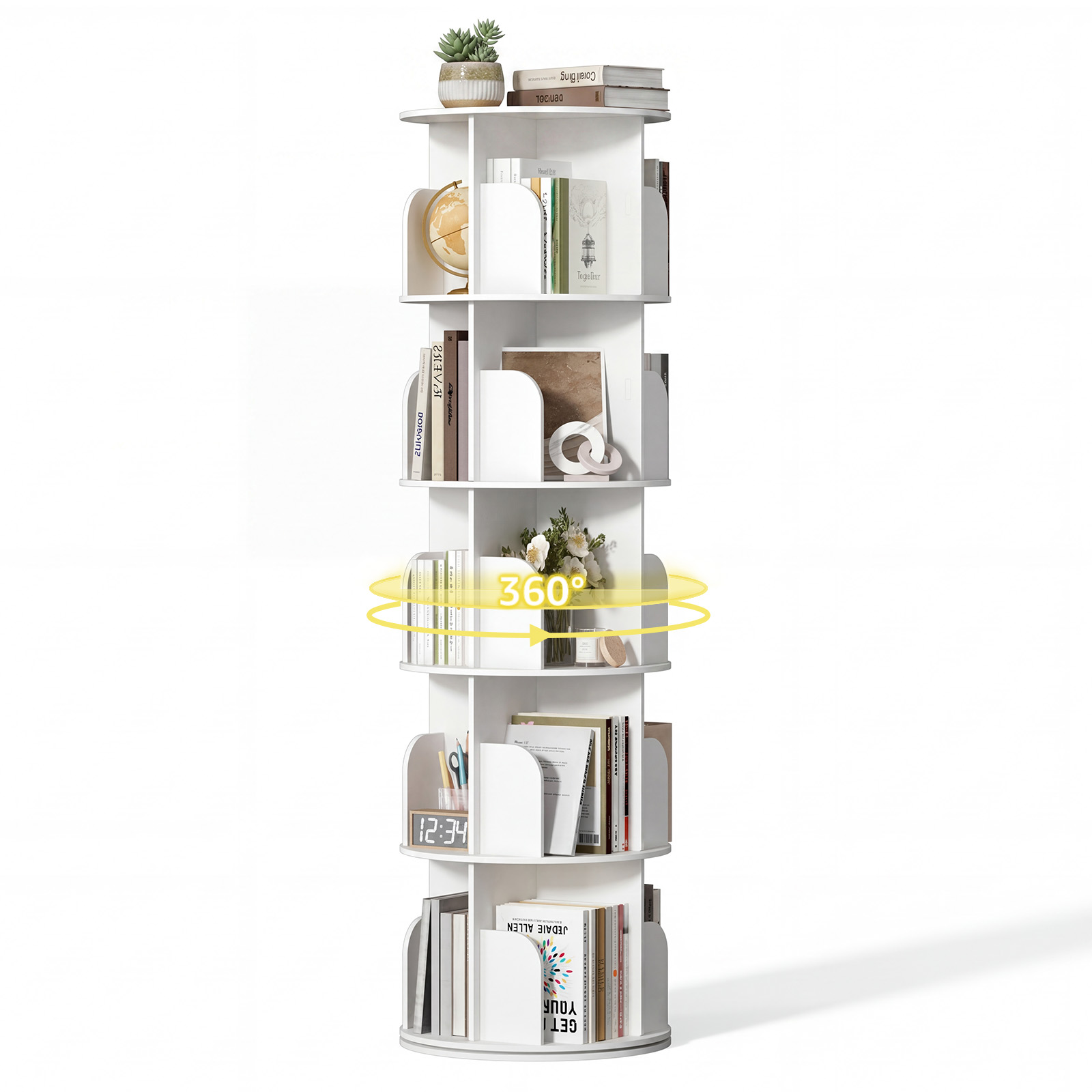 Rotating 5 Tier Book Tower, 360 Degree Revolving Shelf, Vertical Spiral Corner Bookcase