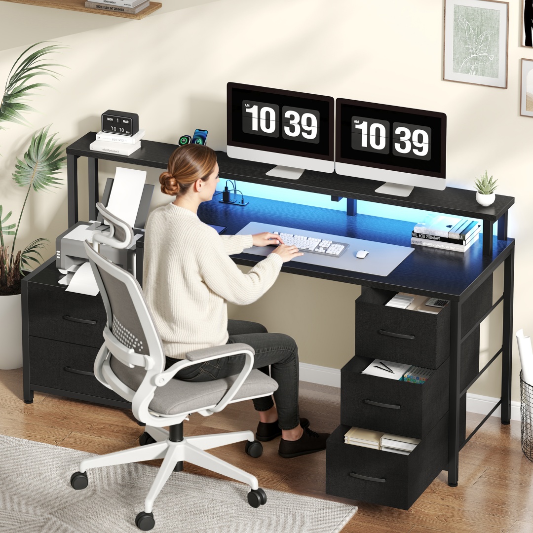 67‑Inch Gaming Computer Desk with LED Lights, 5 Drawers, Monitor Stand, Power Outlets
