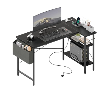 L‑Shaped Desk with Power Socket, USB‑C Hub, RGB Light Strip & Storage Rack, view 3