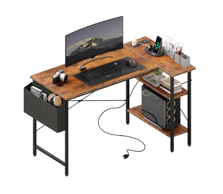 L‑Shaped Desk with Power Socket, USB‑C Hub, RGB Light Strip & Storage Rack