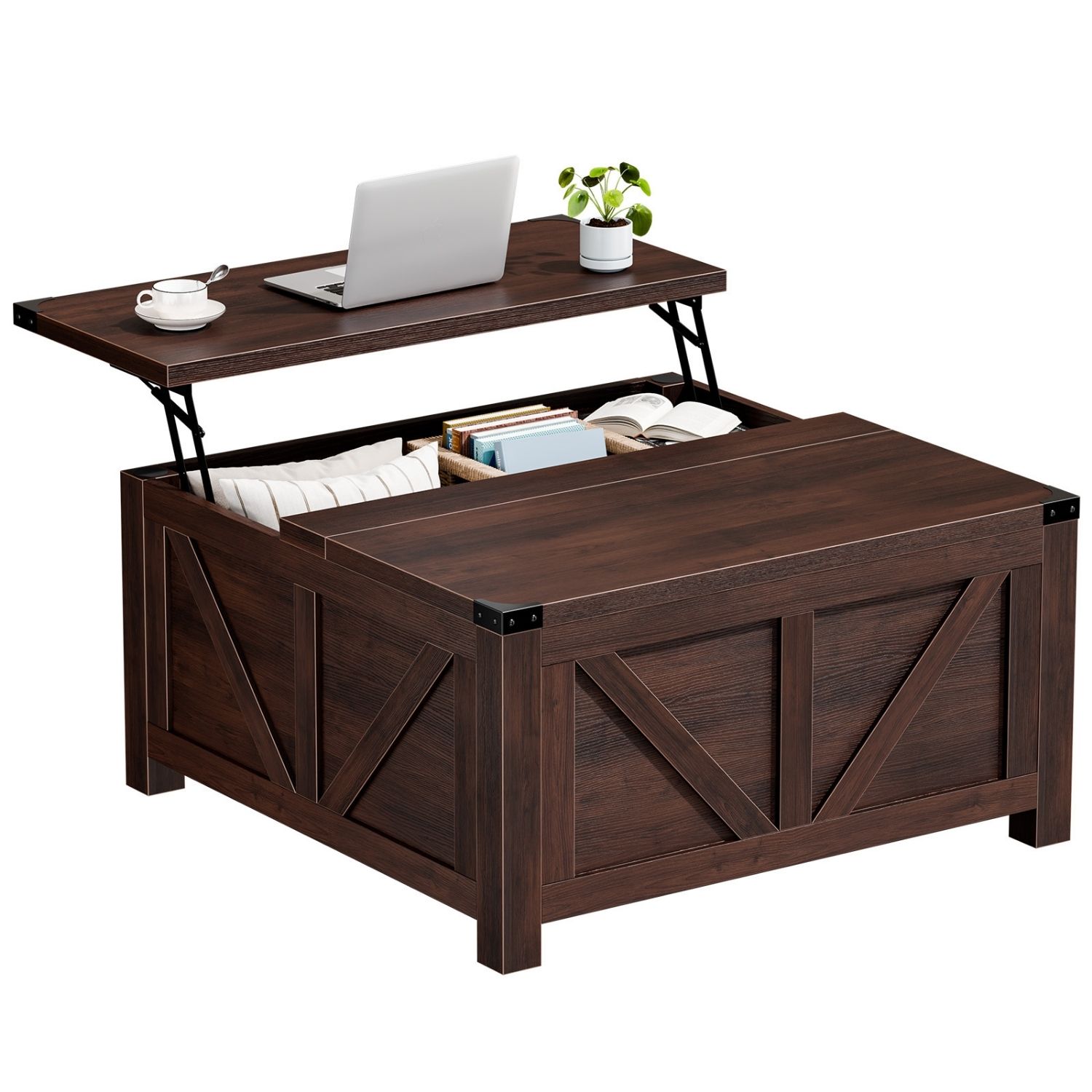Lift Top Coffee Table with USB & Type‑C Charging, Square Storage