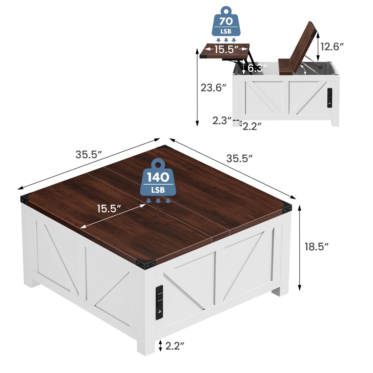 Lift Top Coffee Table with USB & Type‑C Charging, Square Storage, view 2
