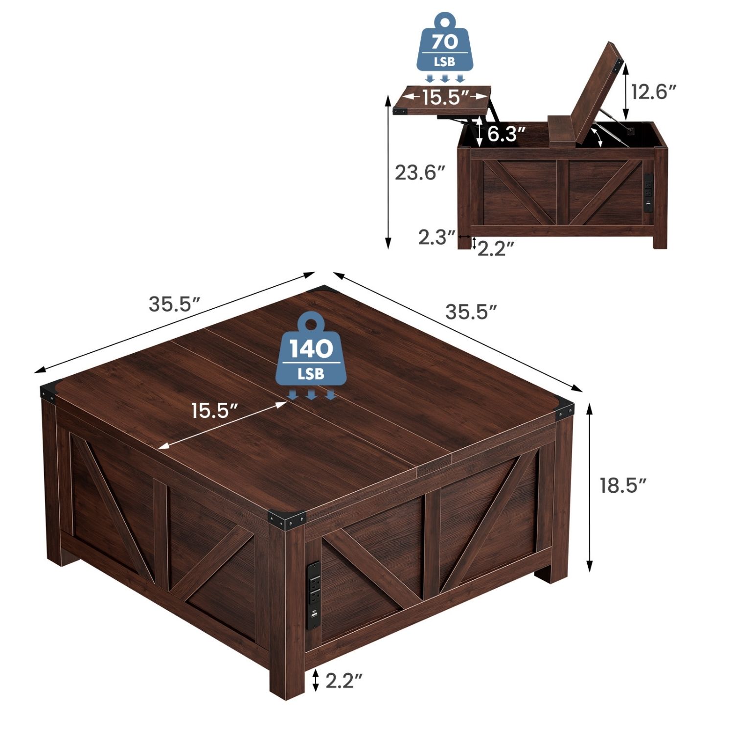 Lift Top Coffee Table with USB & Type‑C Charging, Square Storage, view 3