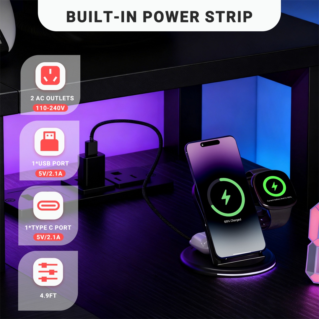53" L‑Shape Gaming Desk with Built‑In Power Hub, RGB LED Strip & Monitor Riser