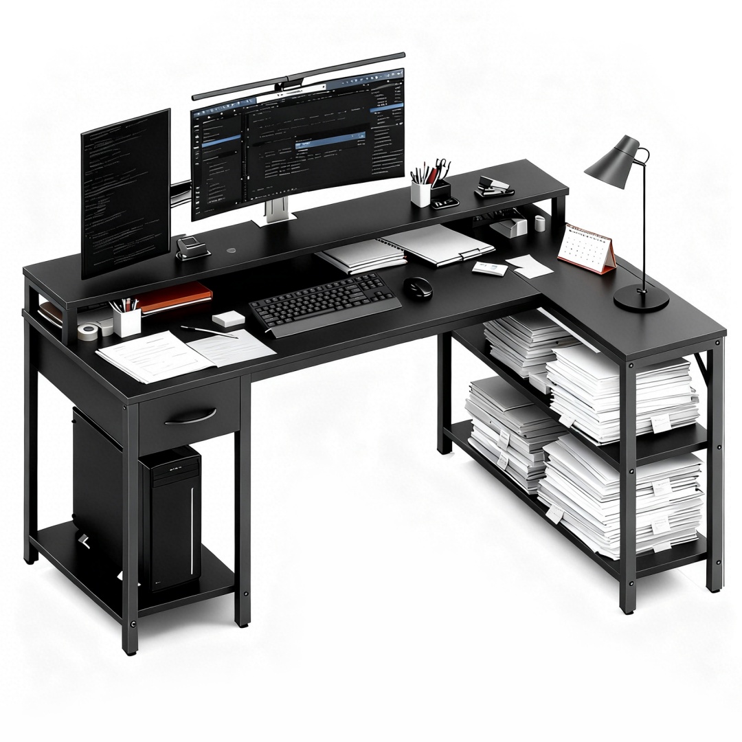 53" L‑Shape Gaming Desk with Built‑In Power Hub, RGB LED Strip & Monitor Riser, view 5