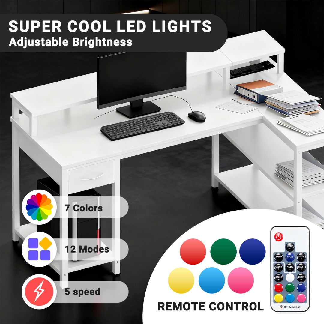 53" L‑Shape Gaming Desk with Built‑In Power Hub, RGB LED Strip & Monitor Riser, view 6