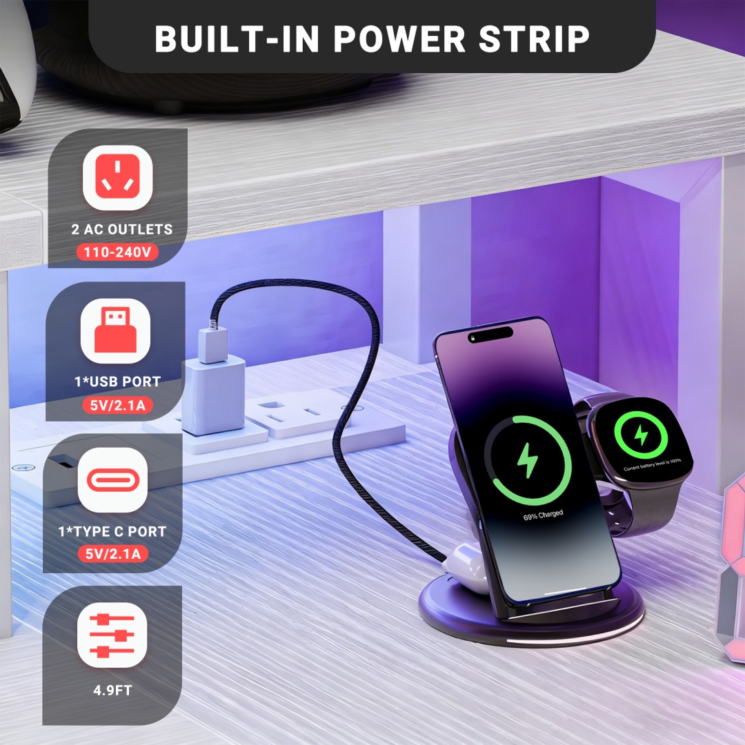 53" L‑Shape Gaming Desk with Built‑In Power Hub, RGB LED Strip & Monitor Riser, view 7