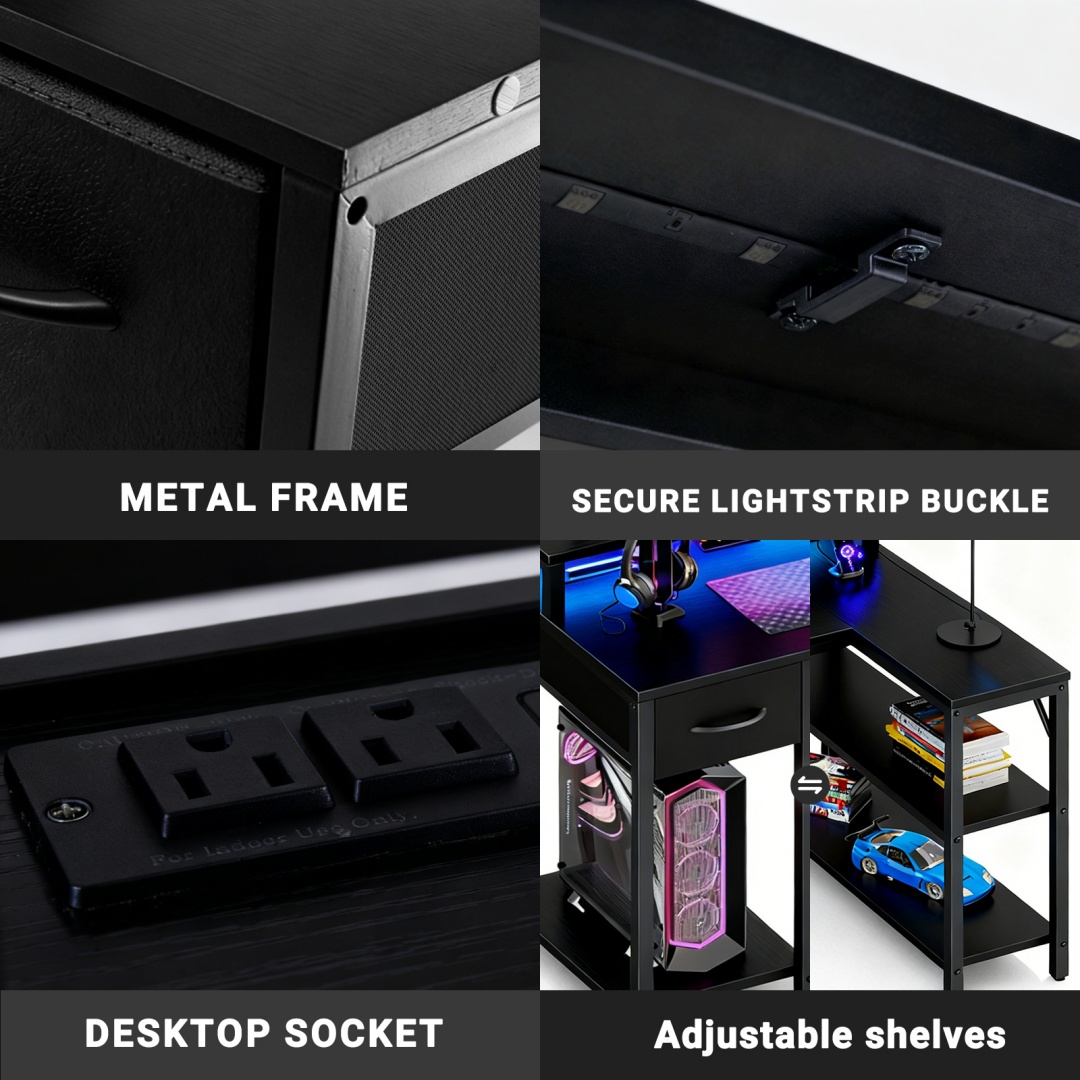 53" L‑Shape Gaming Desk with Built‑In Power Hub, RGB LED Strip & Monitor Riser, view 8