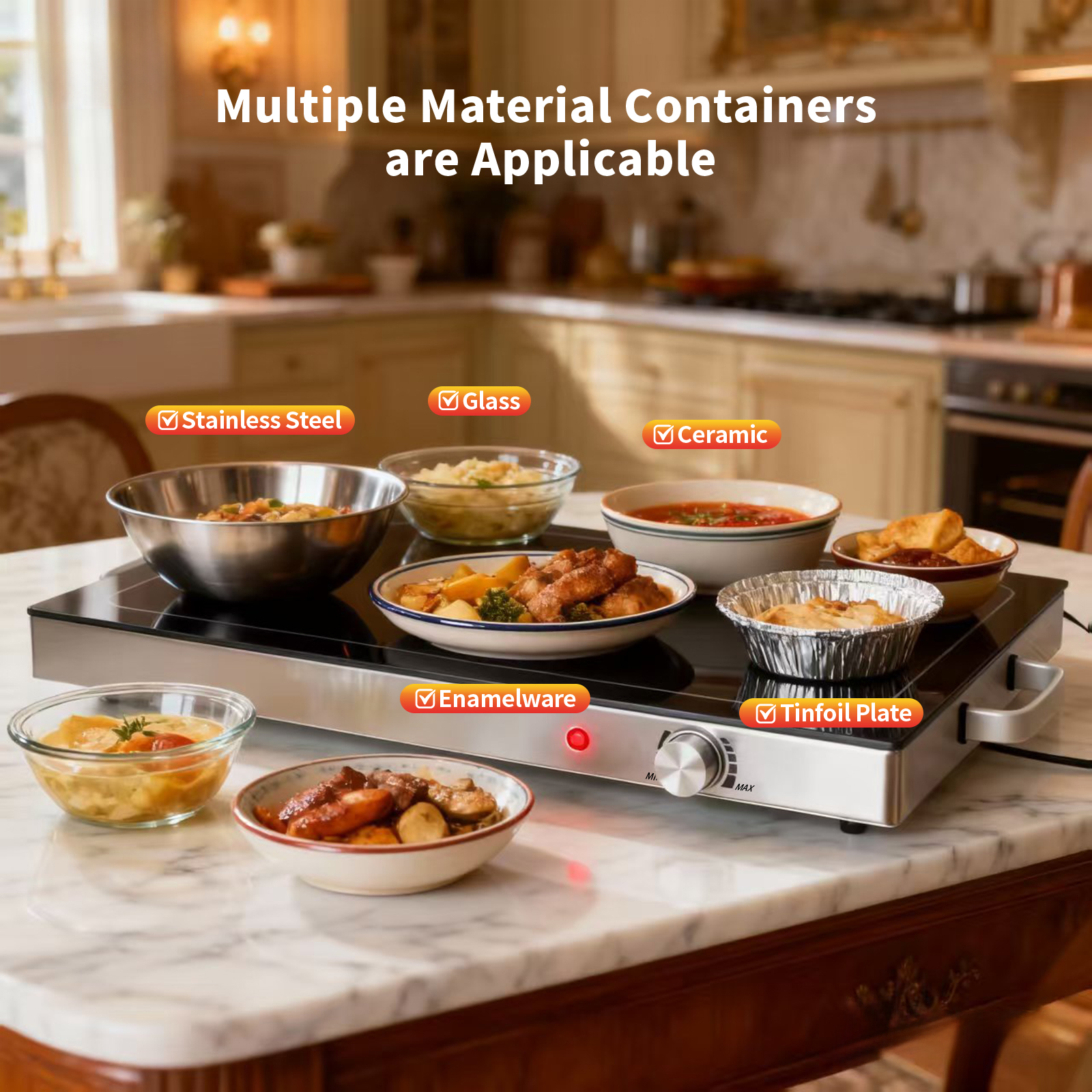Electric Glass Top Food Warming Tray With Adjustable Temperature Control