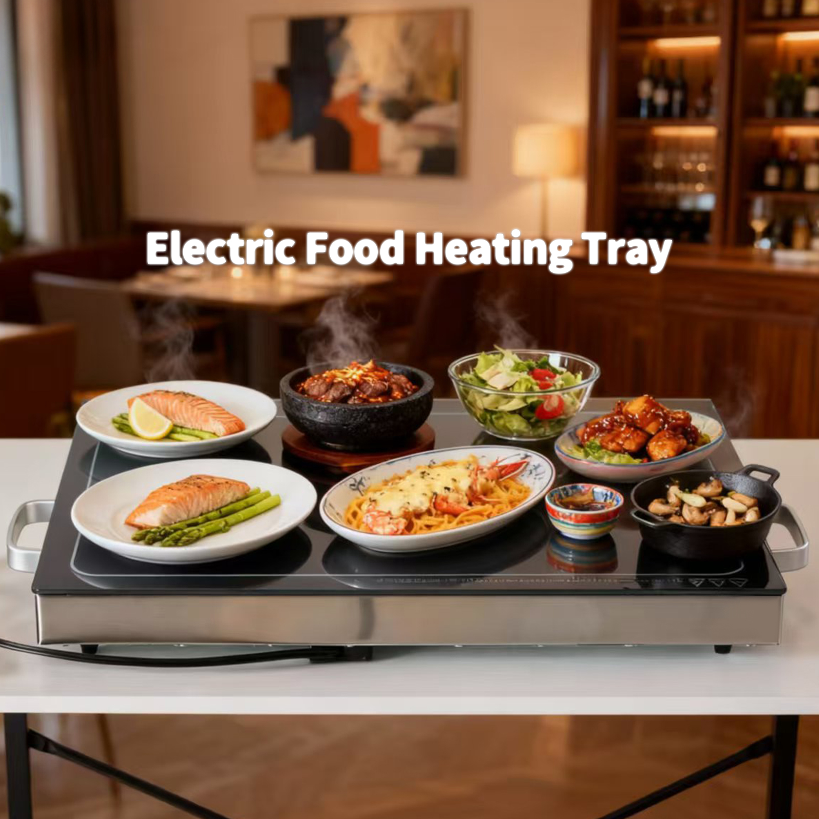 Electric Warming Tray, 24.8" Glass Top Buffet Server With Temp Dial, view 2