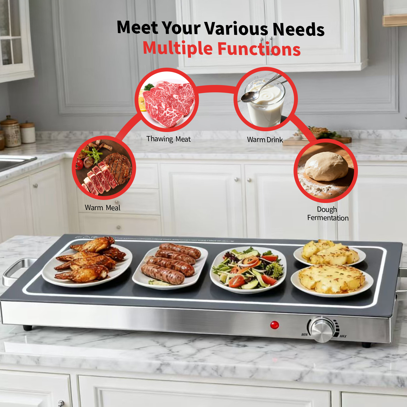 Electric Warming Tray, 24.8" Glass Top Buffet Server With Temp Dial, view 4