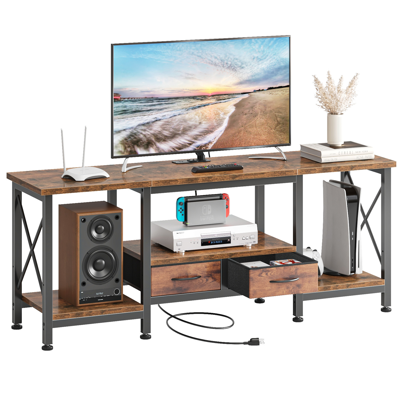 Industrial TV Stand with Built‑In Power Outlets, Fabric Drawers – Fits Up to 75‑Inch TVs