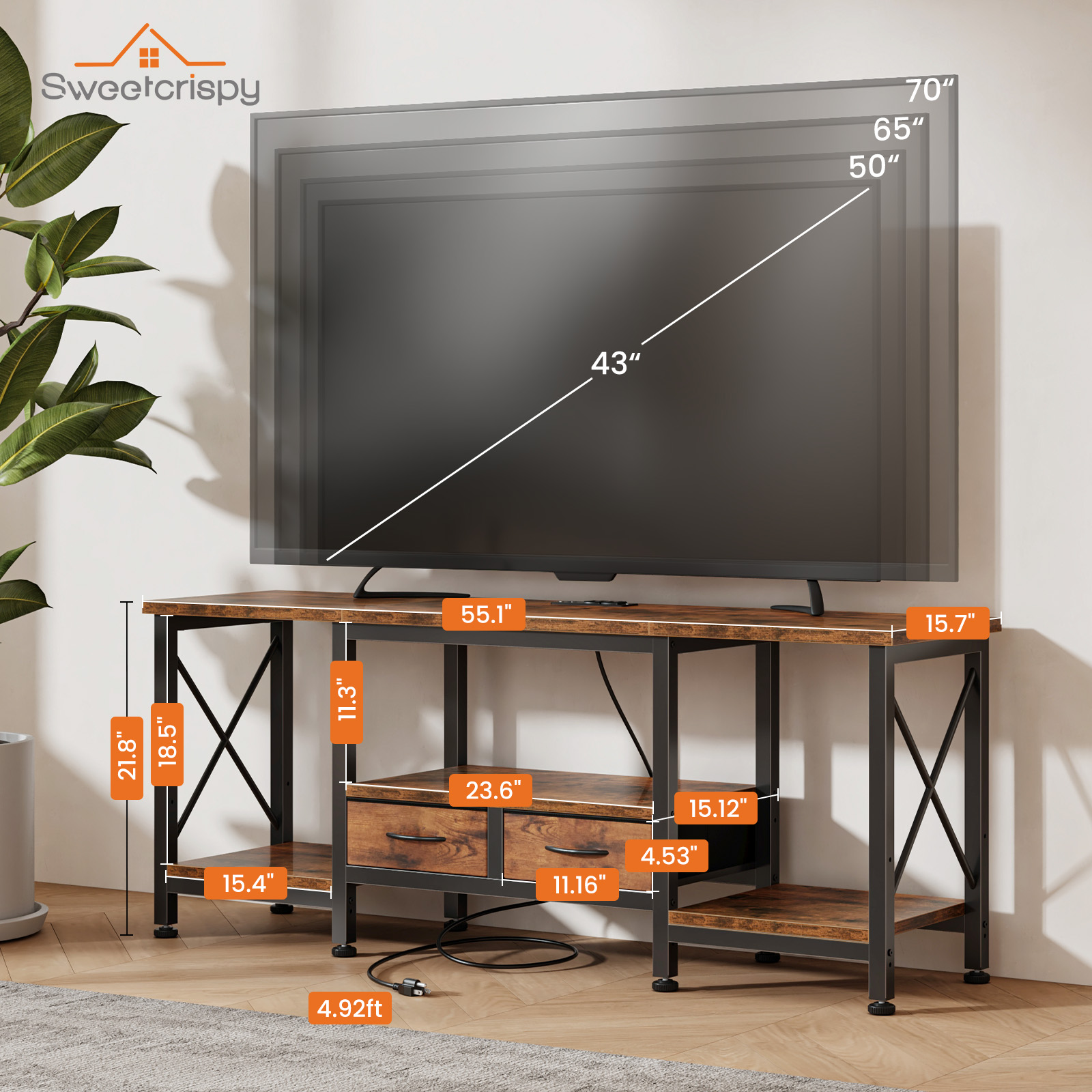 Industrial TV Stand with Built‑In Power Outlets, Fabric Drawers – Fits Up to 75‑Inch TVs, view 2