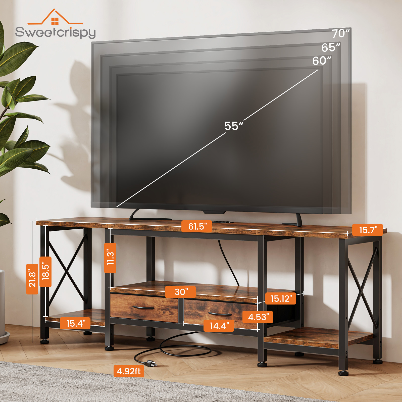 Industrial TV Stand with Built‑In Power Outlets, Fabric Drawers – Fits Up to 75‑Inch TVs, view 3