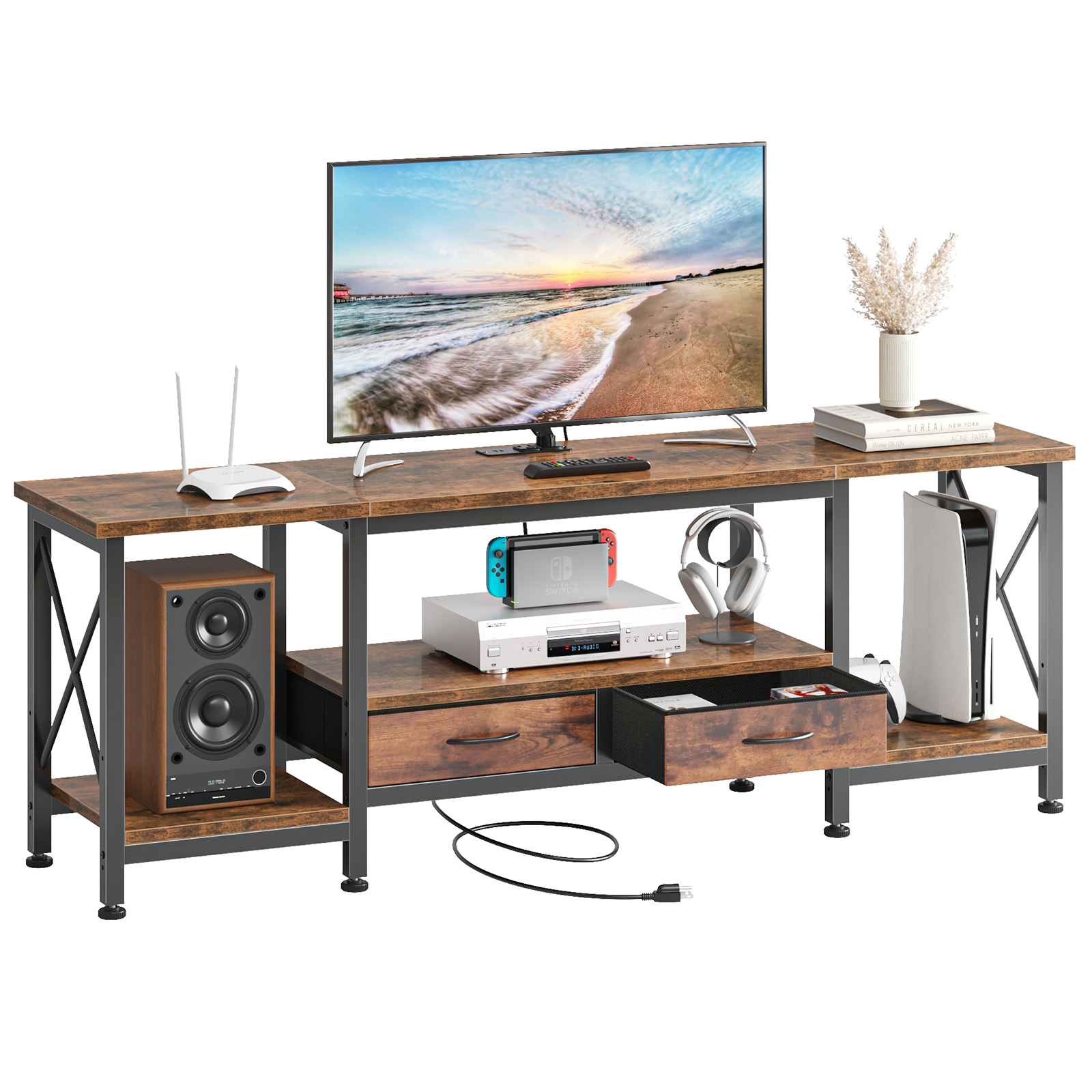 Industrial TV Stand with Built‑In Power Outlets, Fabric Drawers – Fits Up to 75‑Inch TVs, view 4
