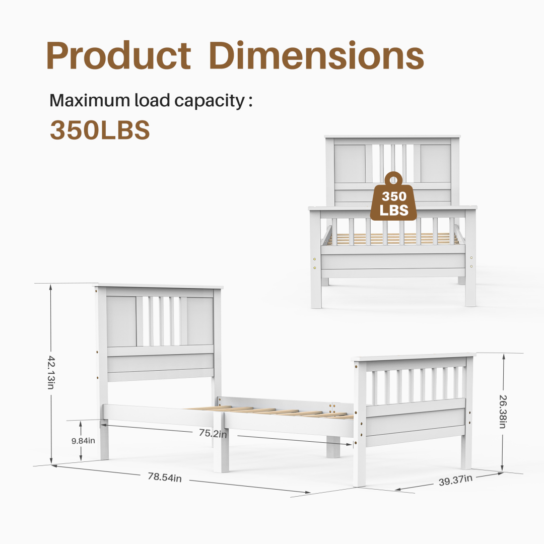 Twin Platform Bed Frame With Slatted Headboard and Footboard, White Wood