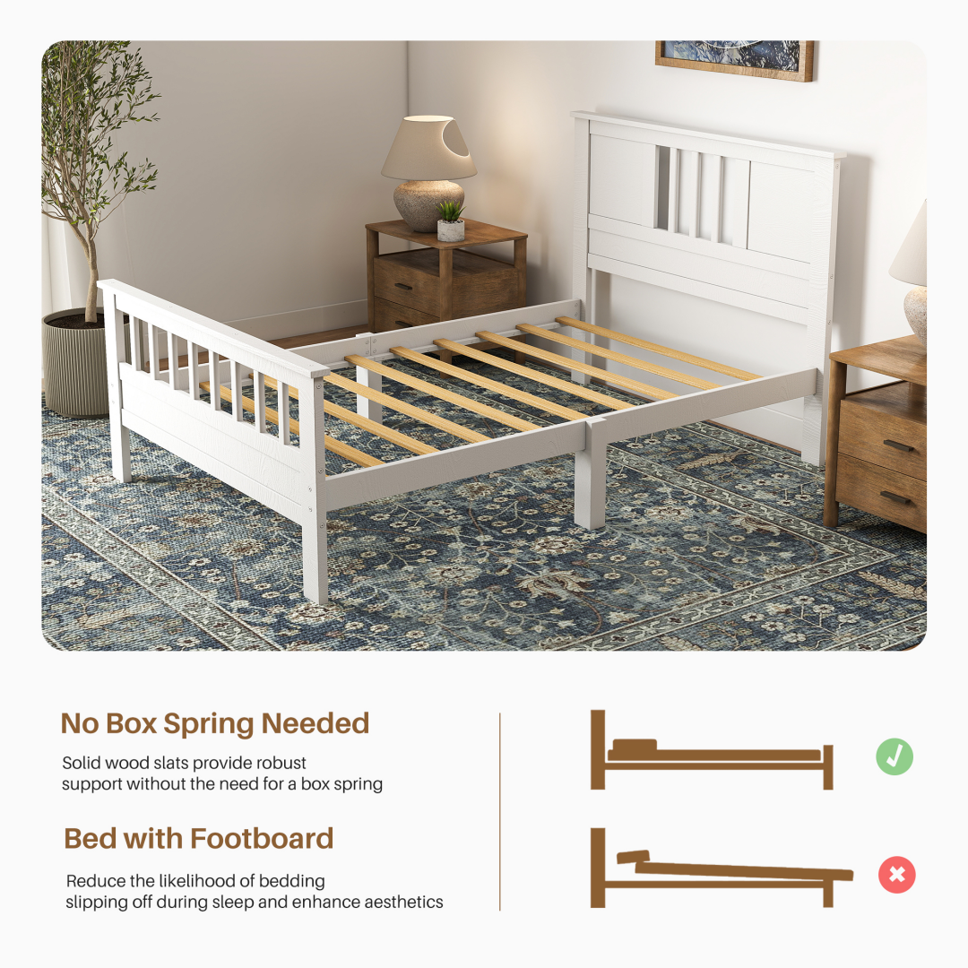 Twin Platform Bed Frame With Slatted Headboard and Footboard, White Wood, view 3