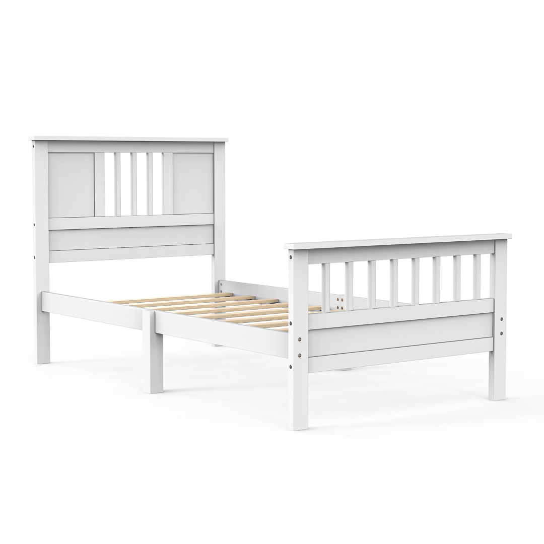 Twin Platform Bed Frame With Slatted Headboard and Footboard, White Wood, view 4