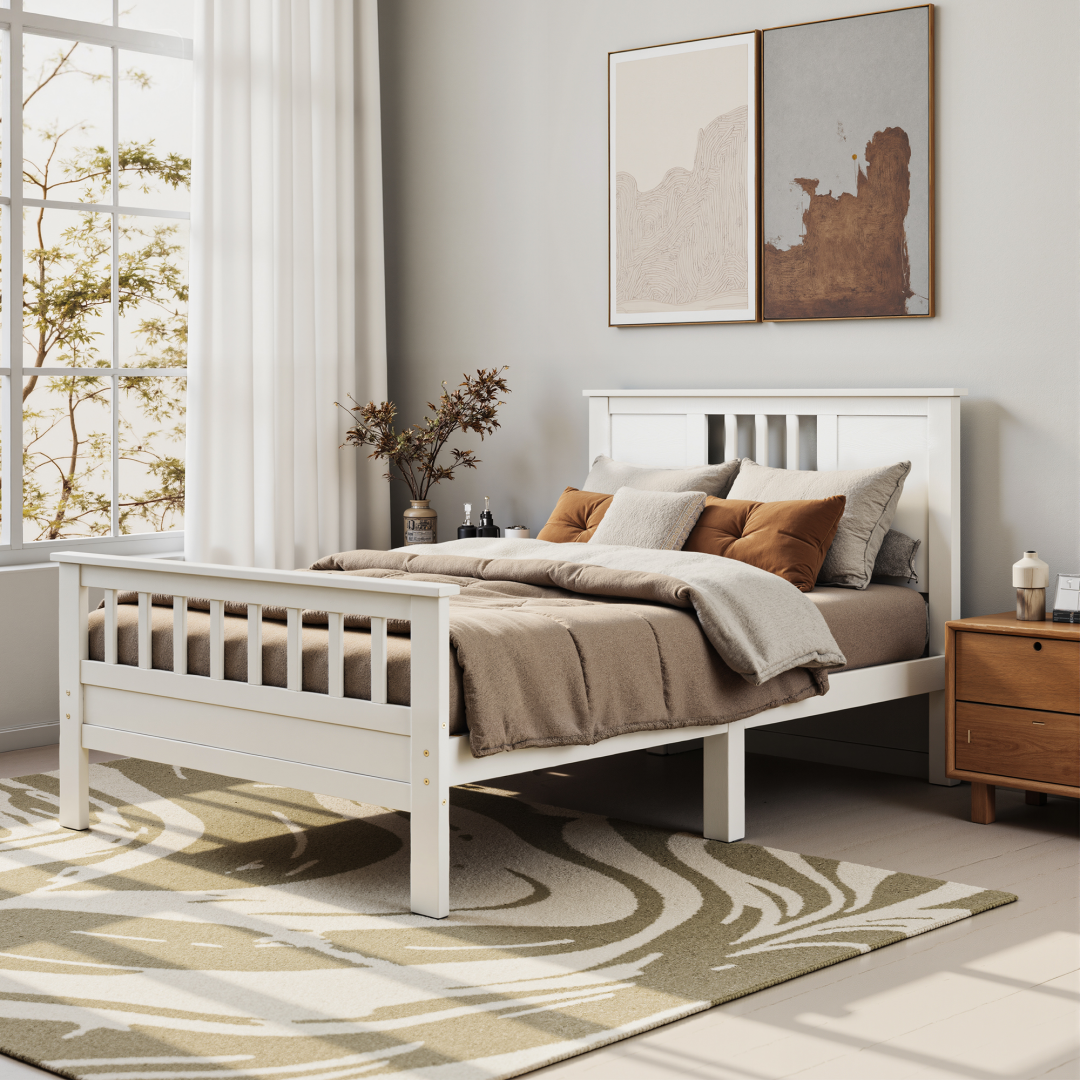 Twin Platform Bed Frame With Slatted Headboard and Footboard, White Wood, view 5