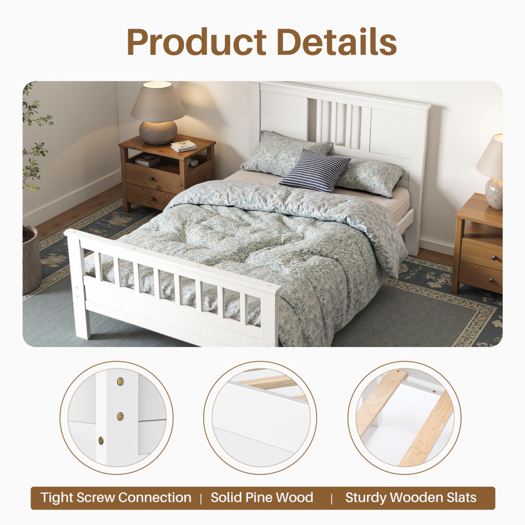 Twin Platform Bed Frame With Slatted Headboard and Footboard, White Wood, view 6
