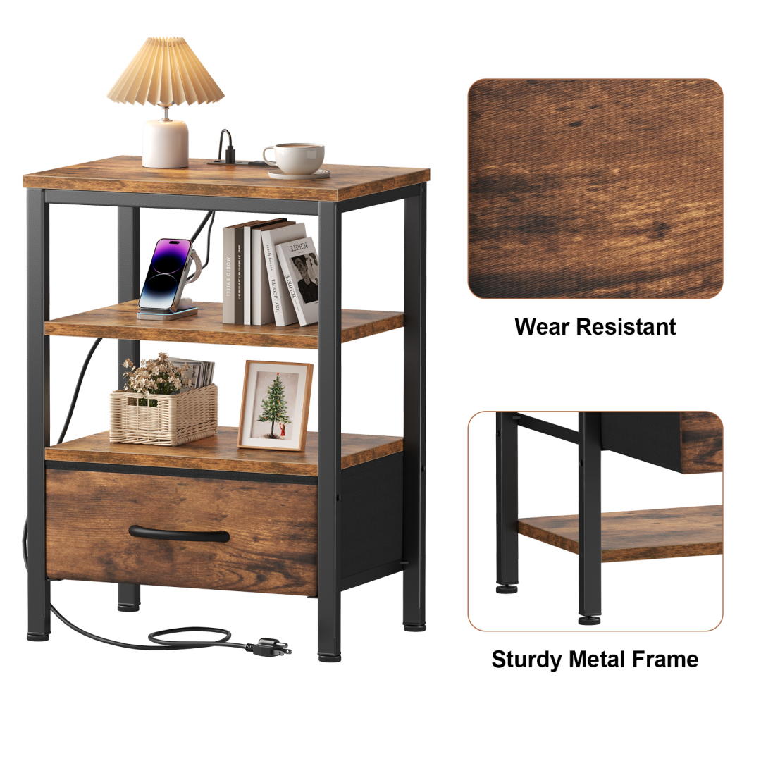 Set of 2 Rustic Brown Nightstands With Charging Station & Fabric Drawer, view 5