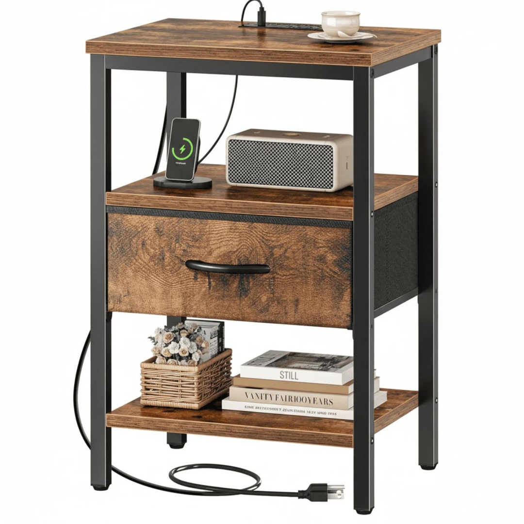 Set of 2 Rustic Brown Nightstands With Charging Station & Fabric Drawer