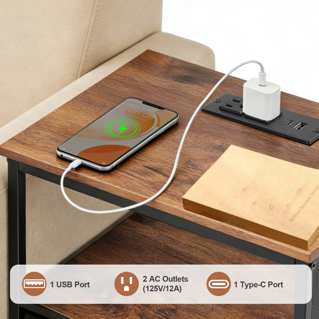 Set of 2 Rustic Brown Nightstands With Charging Station & Fabric Drawer, view 7