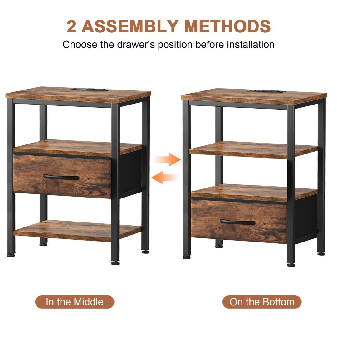 Set of 2 Rustic Brown Nightstands With Charging Station & Fabric Drawer, view 8