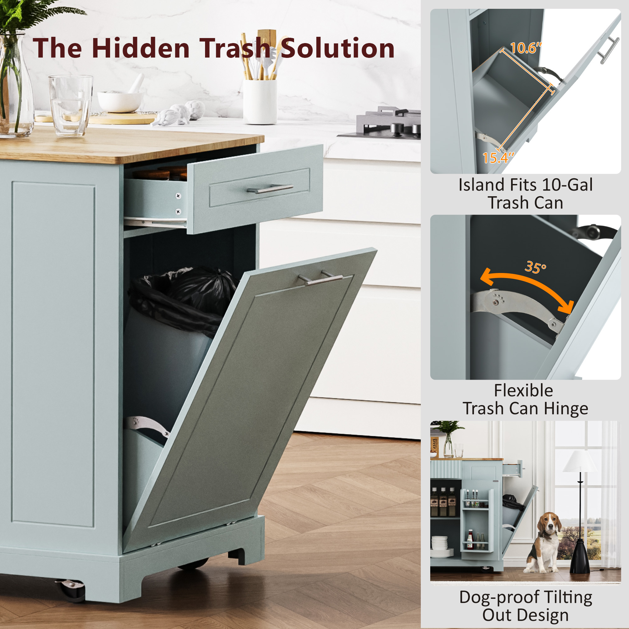 Rolling Kitchen Island With Tilt-Out Trash Cabinet, Power Outlet & 3 Drawers, view 5