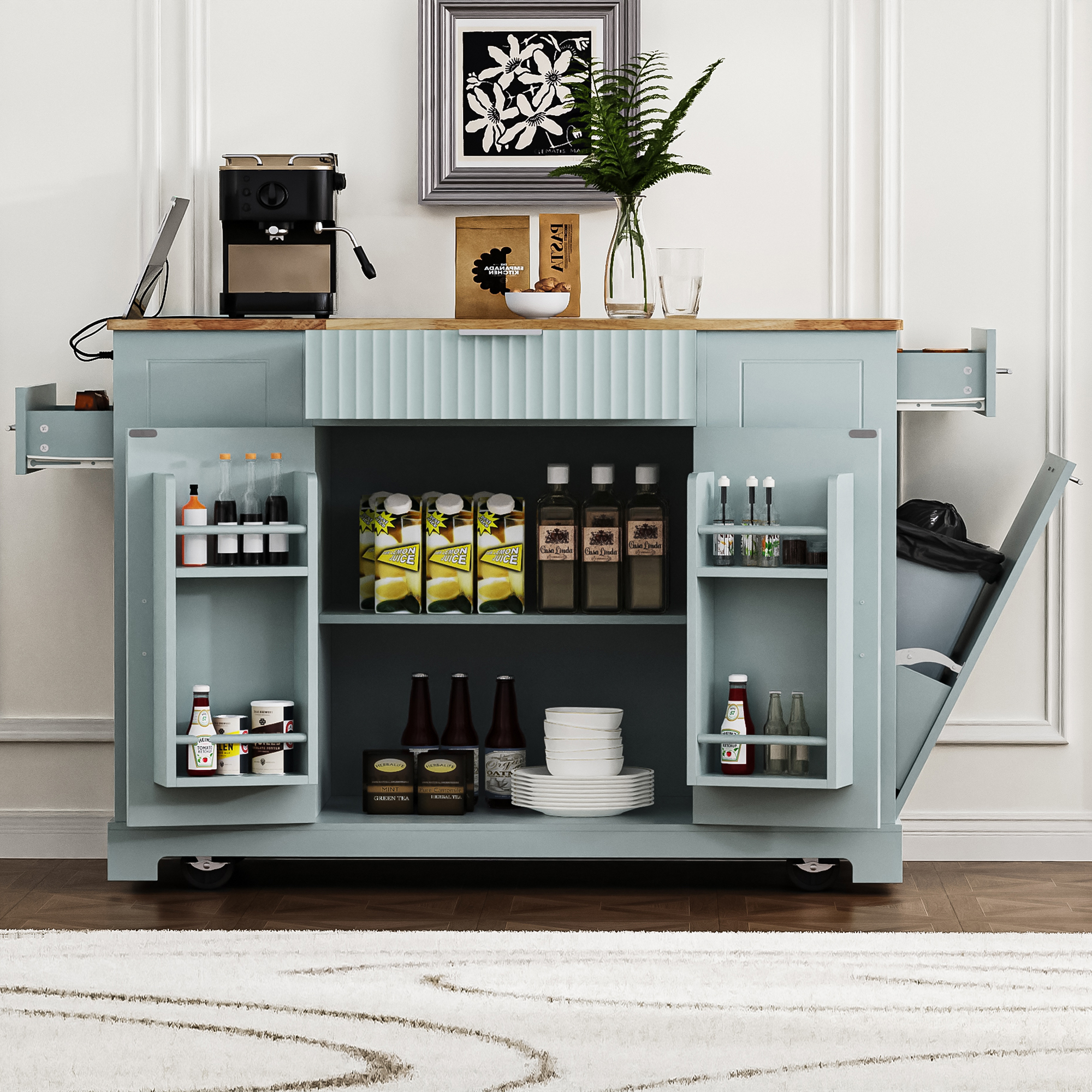 Rolling Kitchen Island With Tilt-Out Trash Cabinet, Power Outlet & 3 Drawers, view 3