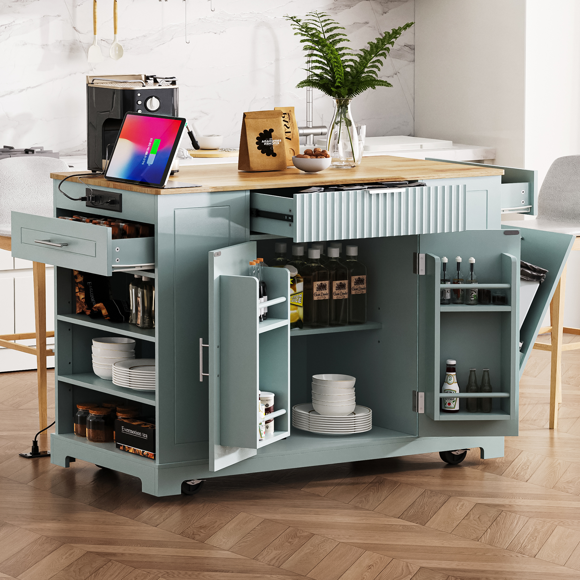 Rolling Kitchen Island With Tilt-Out Trash Cabinet, Power Outlet & 3 Drawers