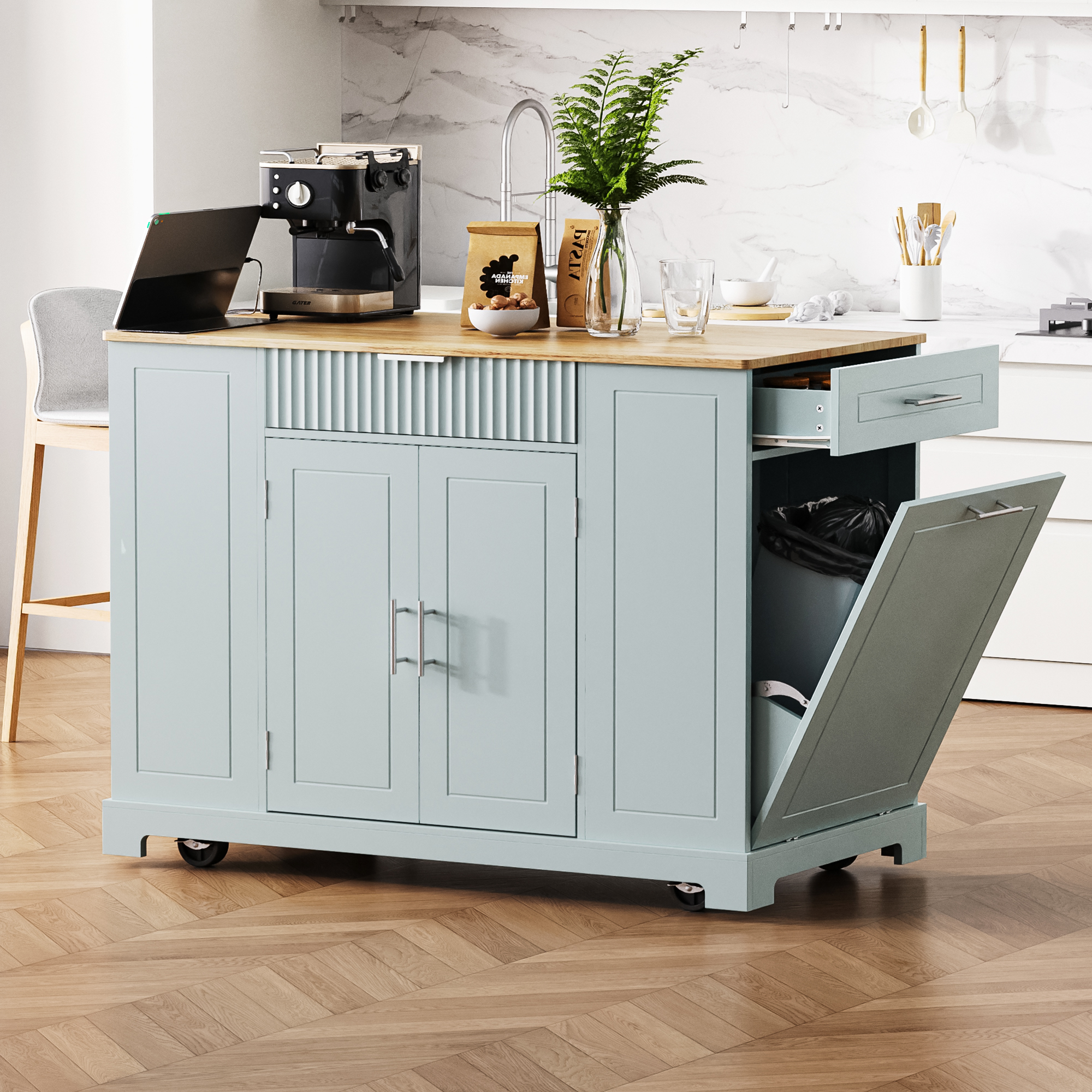 Rolling Kitchen Island With Tilt-Out Trash Cabinet, Power Outlet & 3 Drawers, view 4