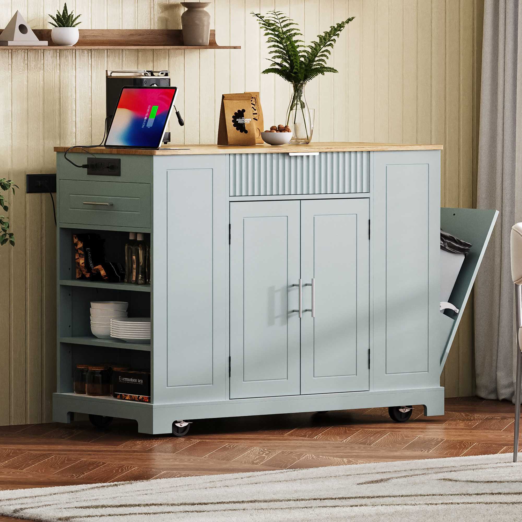 Rolling Kitchen Island With Tilt-Out Trash Cabinet, Power Outlet & 3 Drawers, view 2