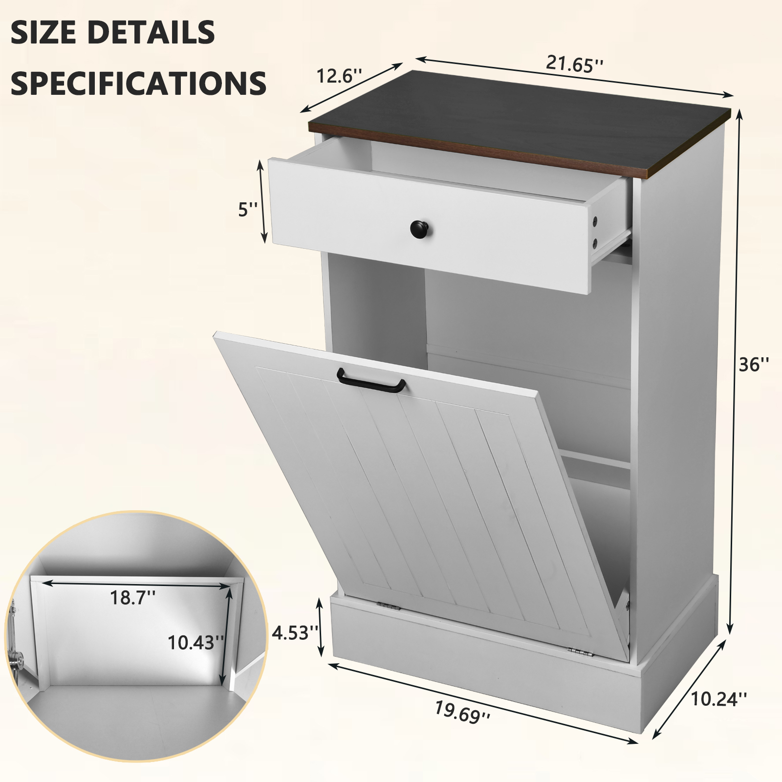Tilt Out Kitchen, Home Trash Can Cabinet With Drawer — White Shiplap, Wood Top, view 2