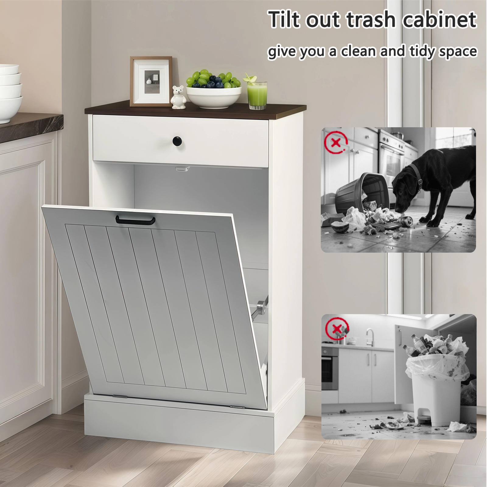 Tilt Out Kitchen, Home Trash Can Cabinet With Drawer — White Shiplap, Wood Top, view 3