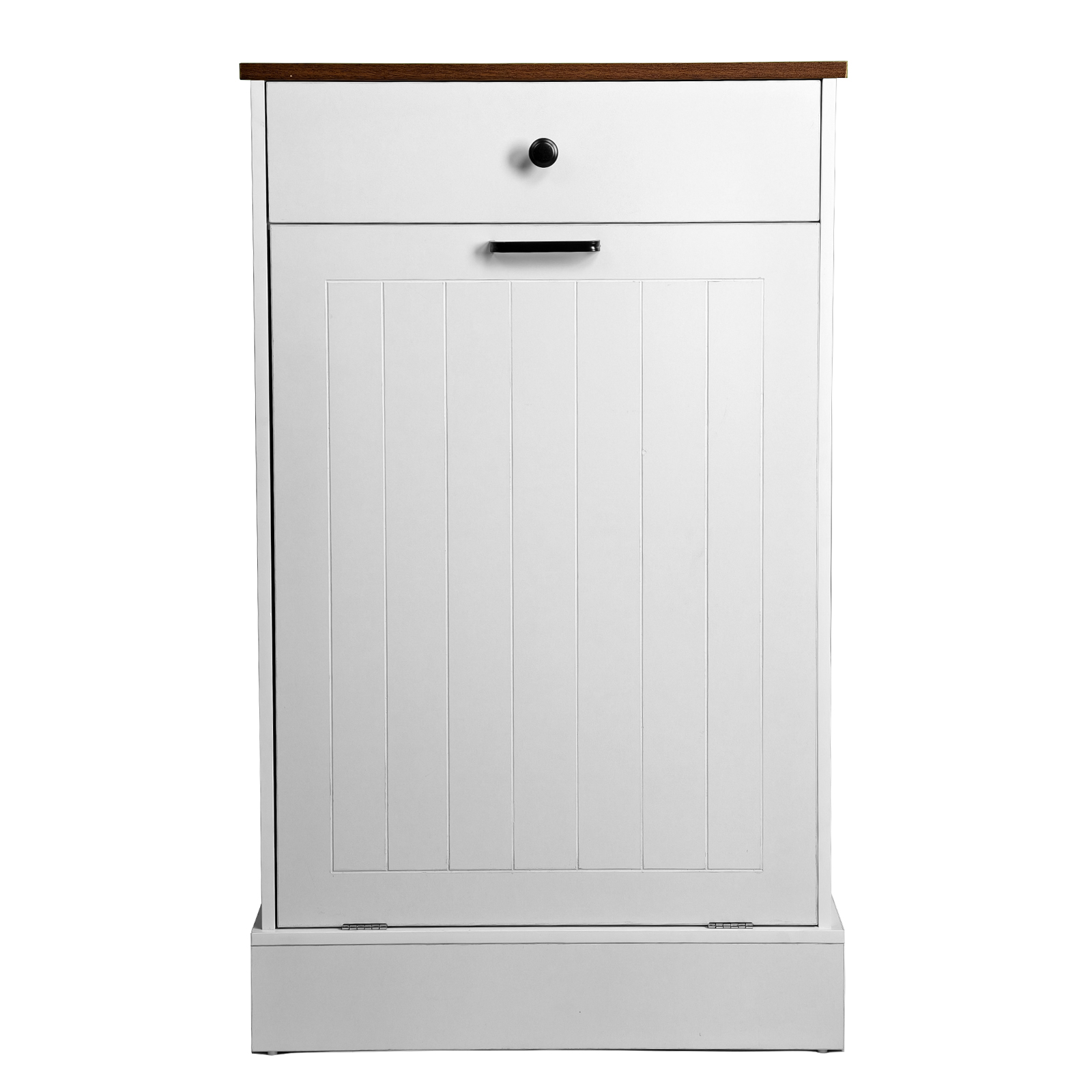 Tilt Out Kitchen, Home Trash Can Cabinet With Drawer — White Shiplap, Wood Top, view 4