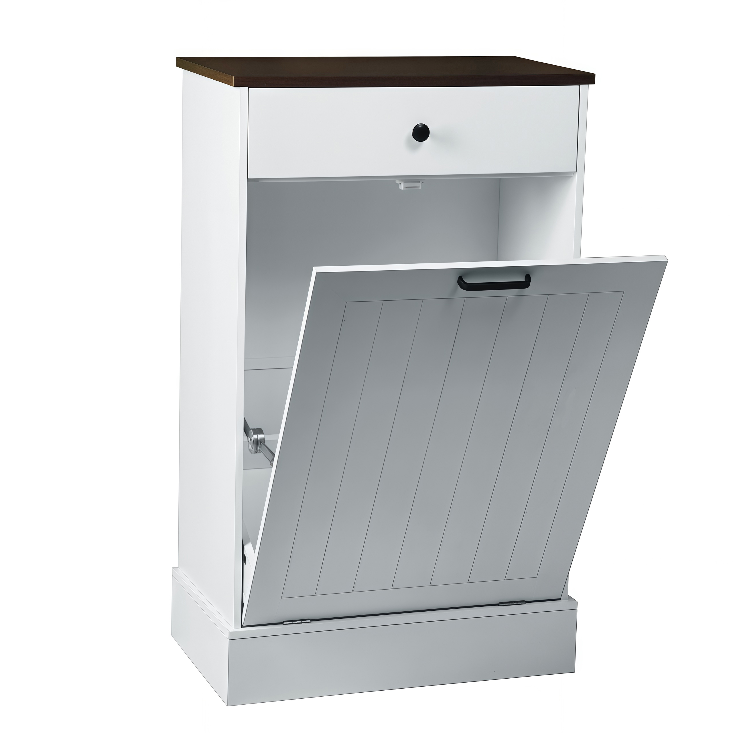 Tilt Out Kitchen, Home Trash Can Cabinet With Drawer — White Shiplap, Wood Top, view 5