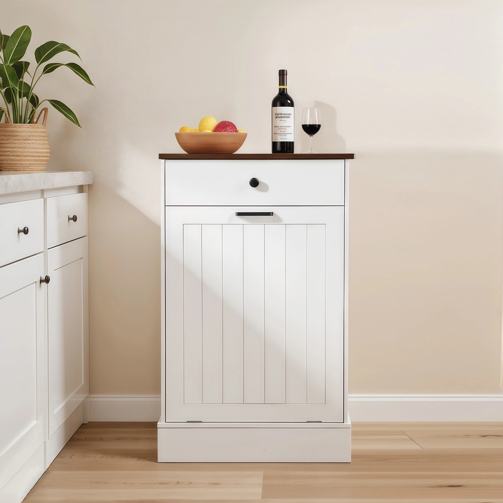 Tilt Out Kitchen, Home Trash Can Cabinet With Drawer — White Shiplap, Wood Top
