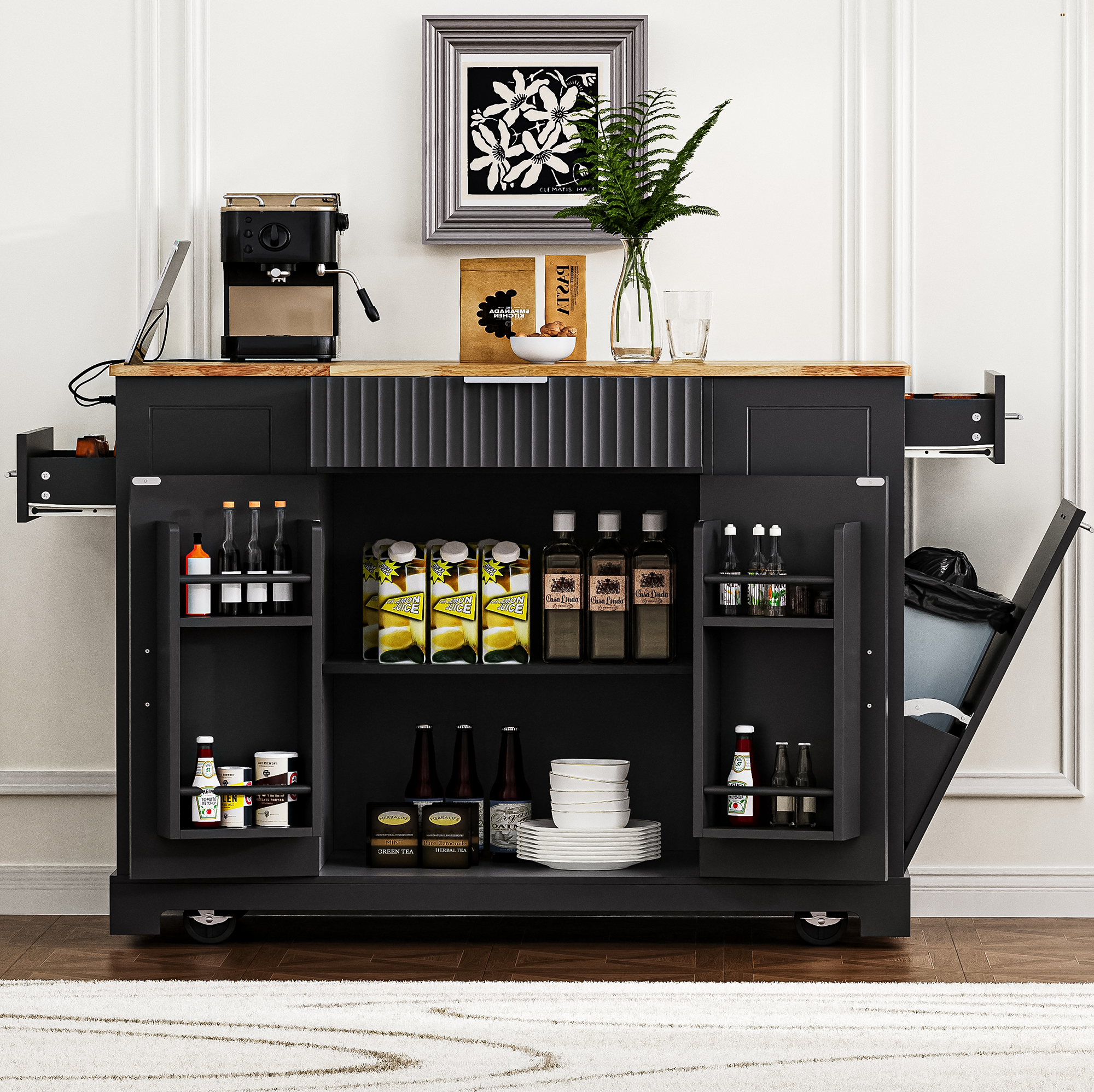 Black Rolling Kitchen Island With Tilt-Out Trash Cabinet & Outlet