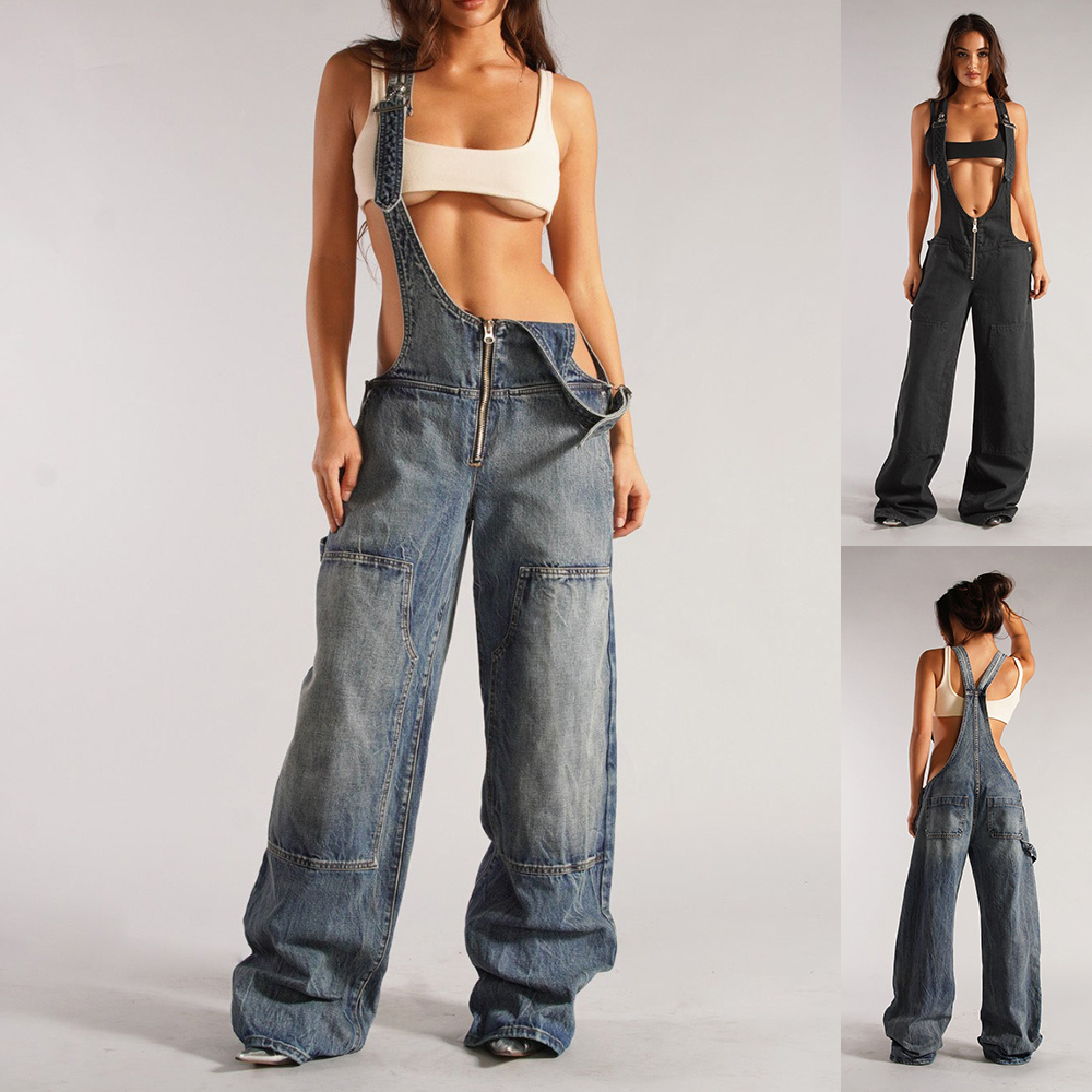 Denim Overalls High Waist Wide Leg Y2K Women's Streetwear Jumpsuit with Zipper Pocket, view 2