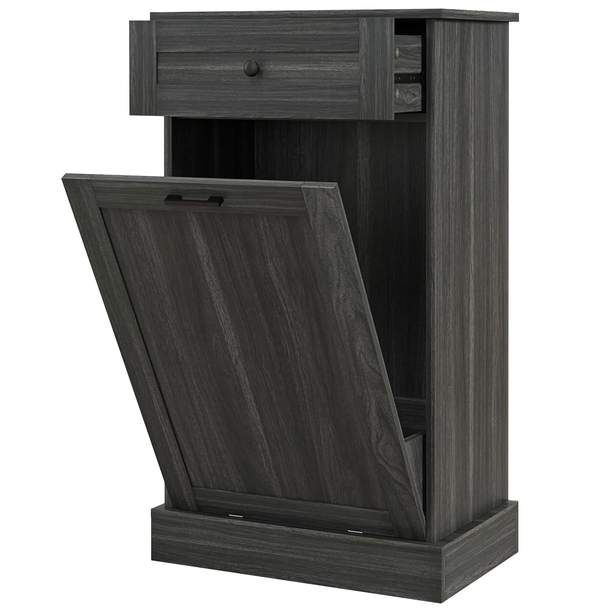 Tilt-Out Trash Bin Cabinet with Drawer, Charcoal Grey Woodgrain