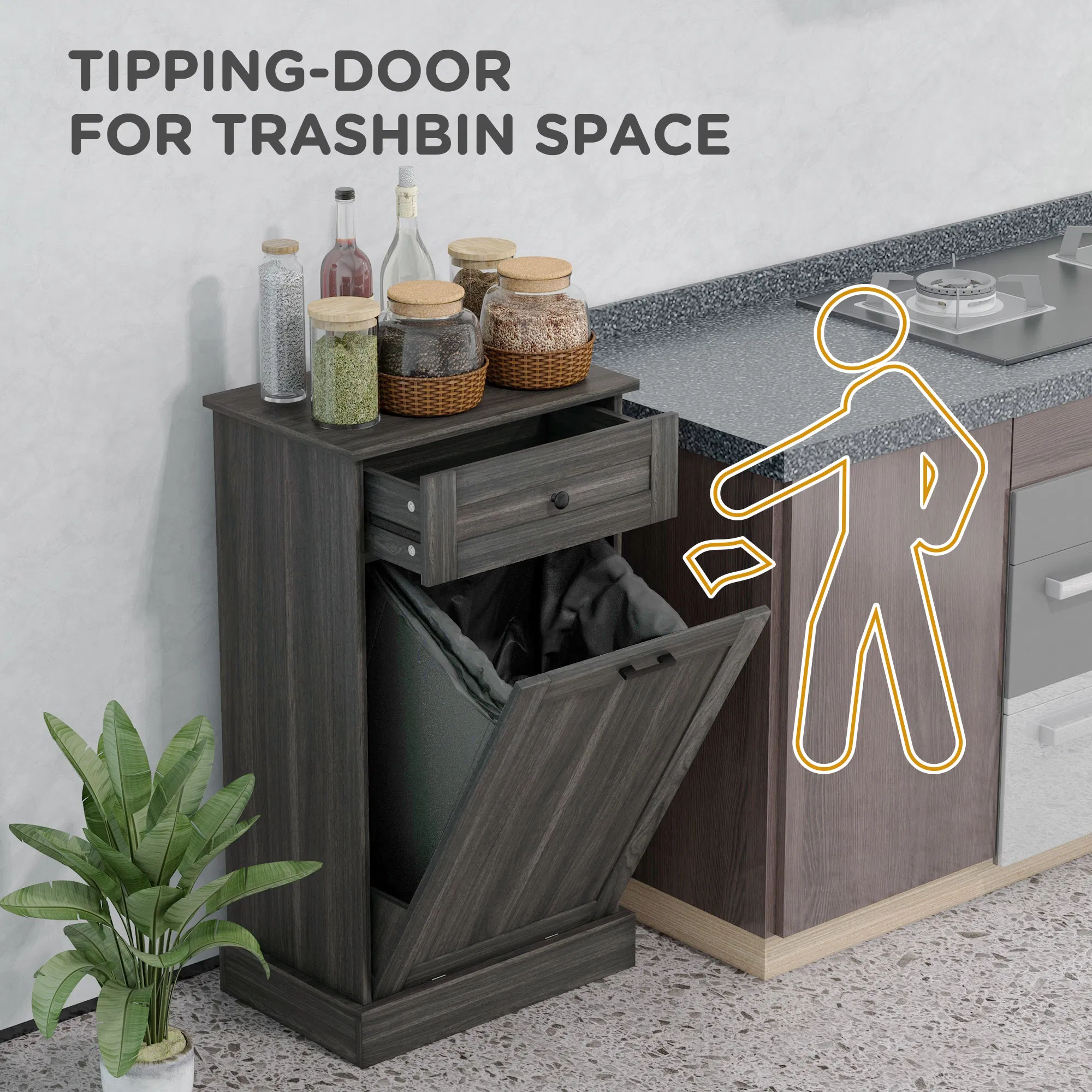 Tilt-Out Trash Bin Cabinet with Drawer, Charcoal Grey Woodgrain, view 2