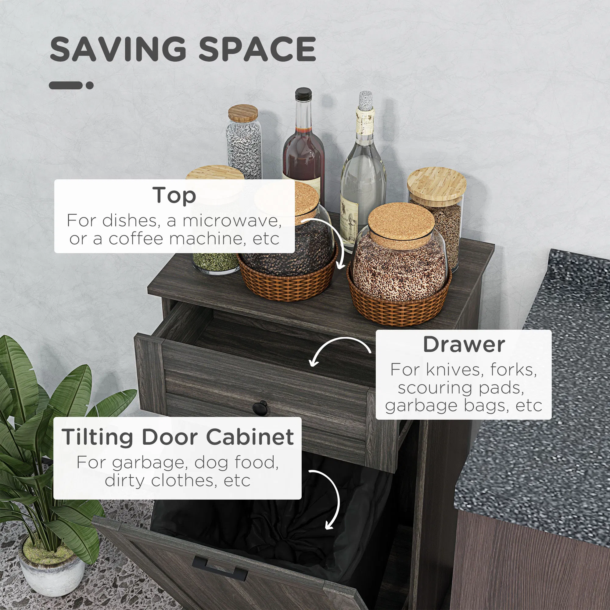 Tilt-Out Trash Bin Cabinet with Drawer, Charcoal Grey Woodgrain, view 4
