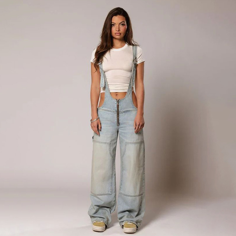 Denim Overalls High Waist Wide Leg Y2K Women's Streetwear Jumpsuit with Zipper Pocket, view 8