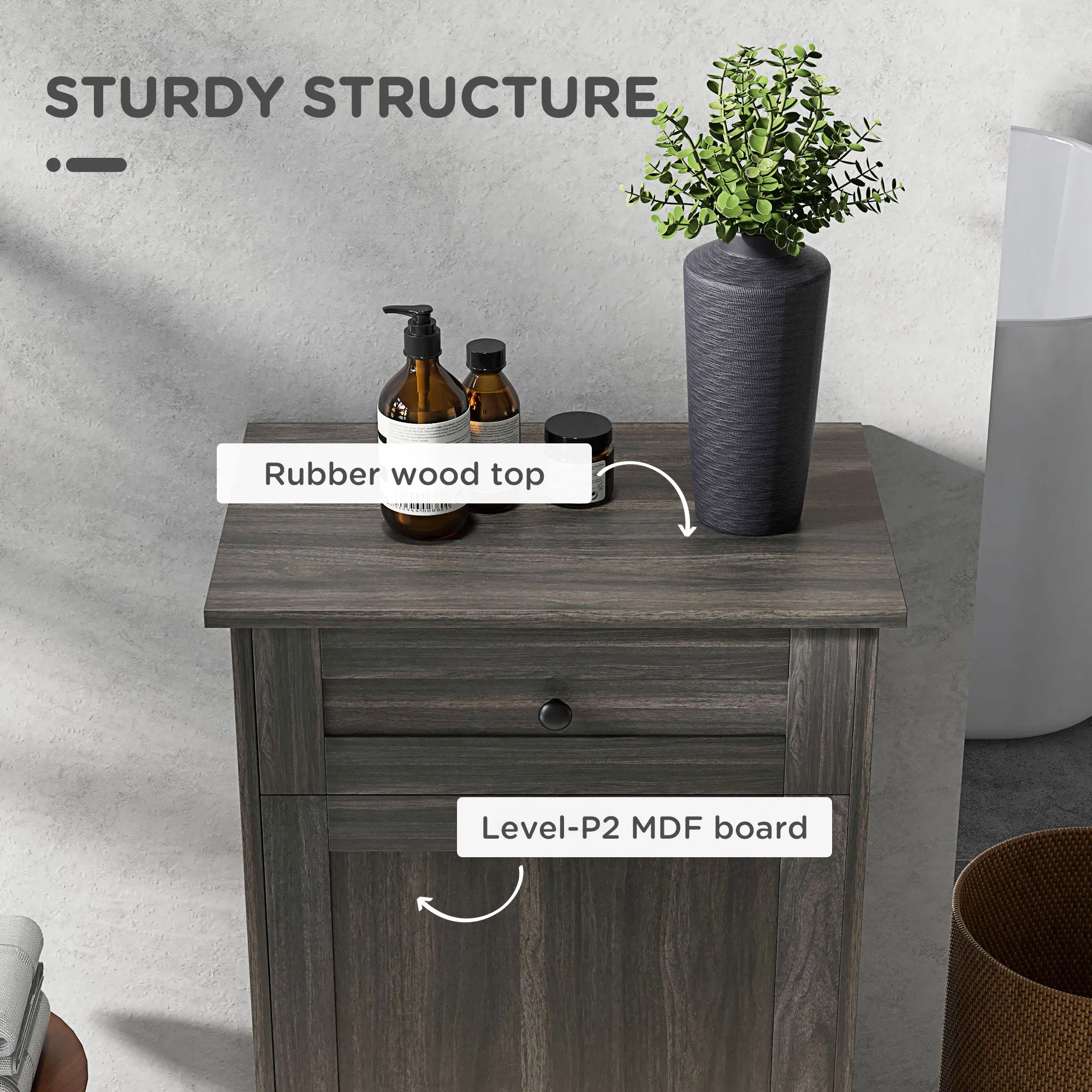 Tilt-Out Trash Bin Cabinet with Drawer, Charcoal Grey Woodgrain, view 5