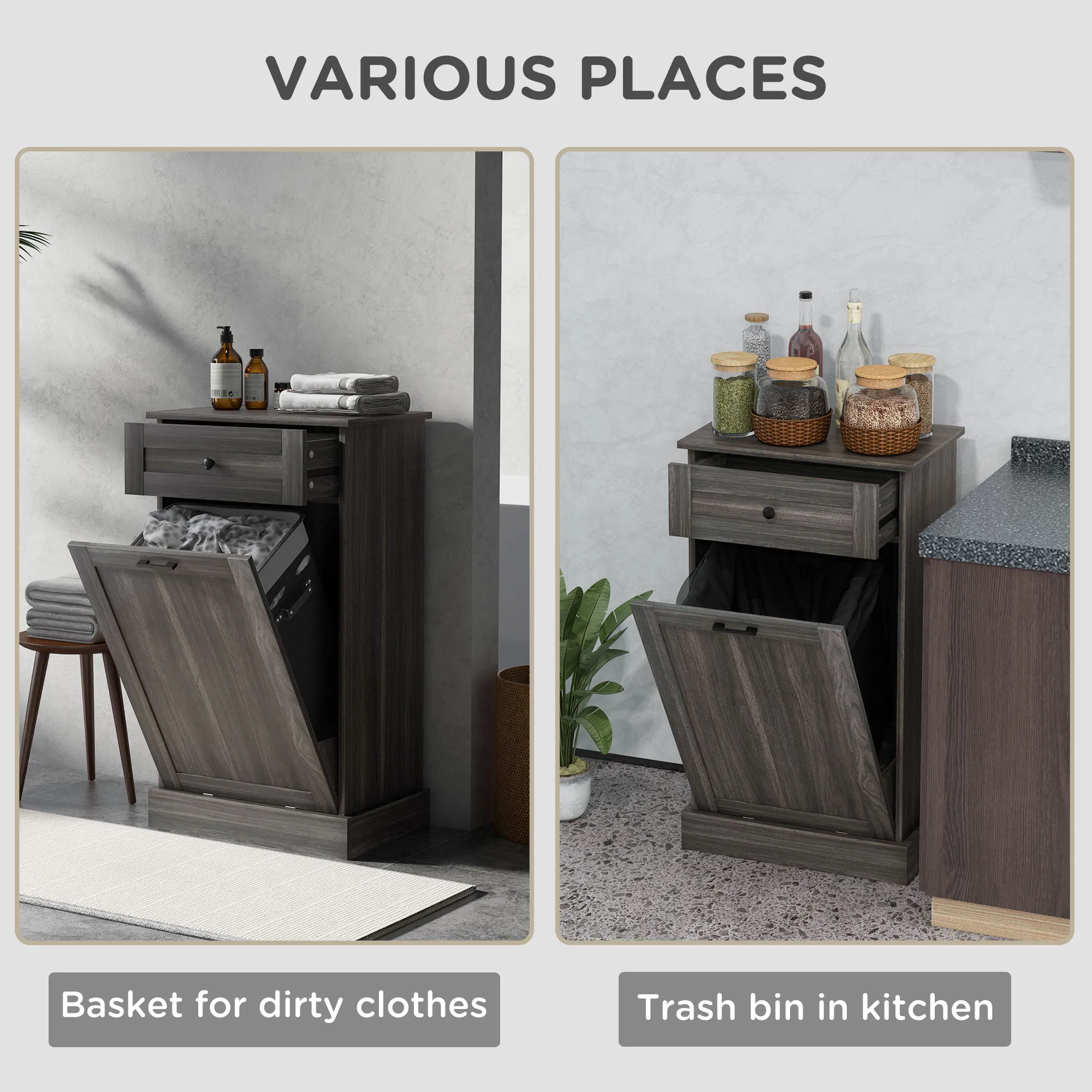 Tilt-Out Trash Bin Cabinet with Drawer, Charcoal Grey Woodgrain, view 6